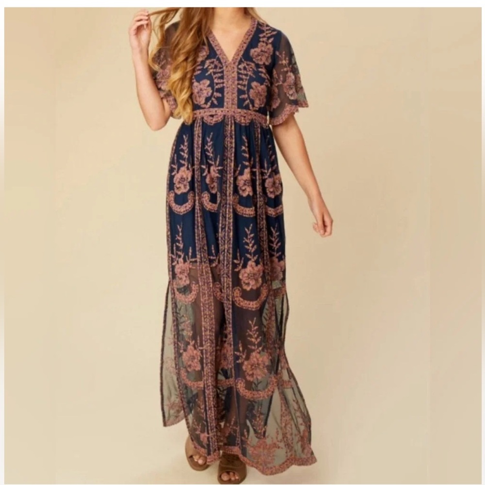 Altar'd State Catania Lace Mesh Embroidered Bohemian Maxi Dress Women's size S - Picture 7 of 12